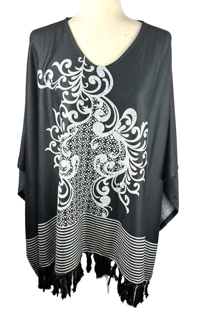 NEW Doe & Rae Black and Gray Abstract Print Poncho Black Fringe One Size